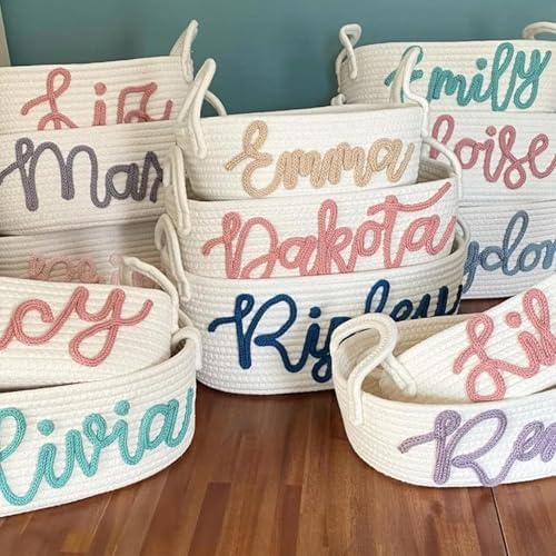 Personalized Baby Name Basket Custom Easter Cotton Rope Diaper Caddy & Nursery Storage Organizer Bin for Baby Birthday Shower Gift, Newborn Essentials, Kids' Bedroom Bathroom Decor (Style F)