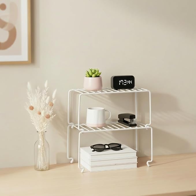 4-Pack Small (10.8x5.3inch) White Stackable Shelf Organizer Rack, Wire Shelf Rack for Kitchen Cabinet, Pantry, Desk Organization and Storage, Rustproof