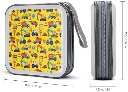 Heavy-Duty DVD Storage Wallet Cute Truck Construction, Holds 40 Discs, Hard Shell Binder with Carry Handle, Portable Organizer for Movies Music