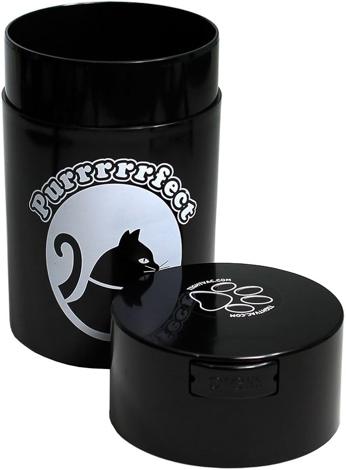 Tightpac Pawvac 1 to 6 Ounces Container, Airtight Pet Food and Treats Storage Jar - Patented Vacuum Seal Container for Pet Food, Treats and other Dry Goods - Black with Cats
