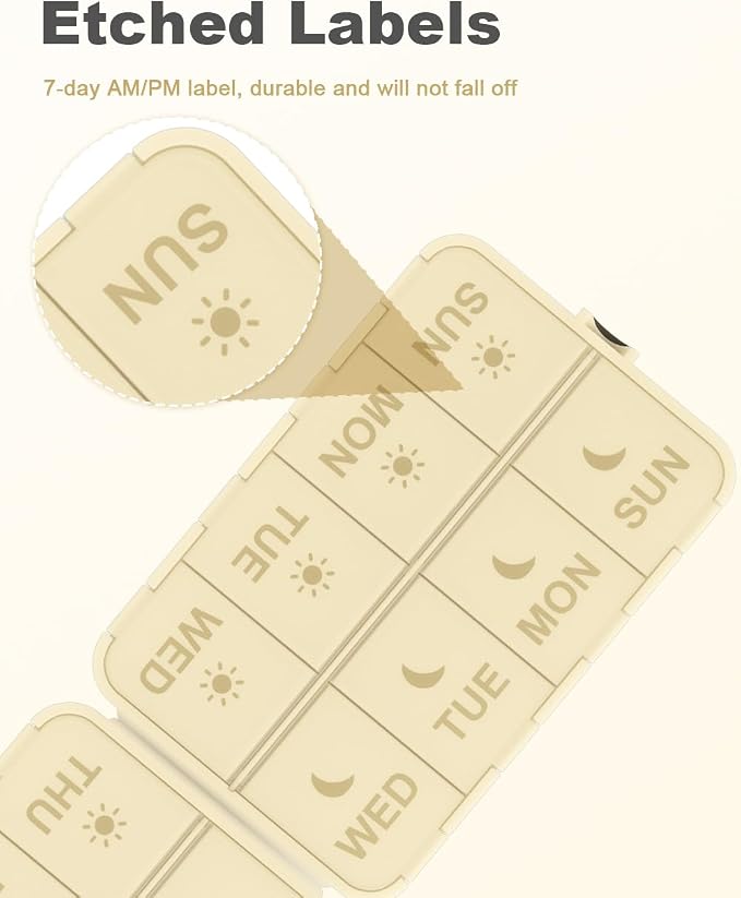 Pill Organizer Travel Medicine Case - Travel Pill Case with Etched Labels, Daily Travel Medicine Case Holder