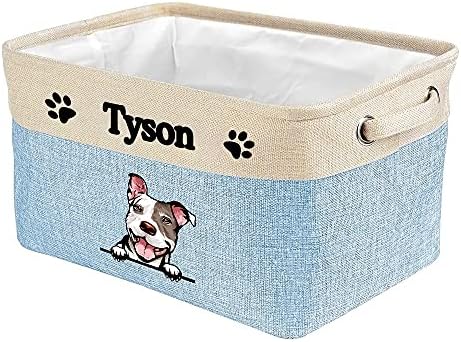 Personalized Storage Basket with Cute Dog Pit Bull Collapsible Sturdy Fabric Pet Toys Fabric Dog Toy Storage Bin Cube with Handles for Organizing, Blue amd White