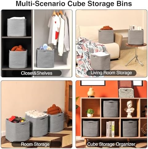 ICERZCZ 11 Inch Cube Storage Bins, Storage Cube Organizer Bins, Woven Cotton Rope Basket for Storage, Storage Baskets for Organizing Shelves, Grey Baskets for Toys Nursery, Grey (Pack of 3)