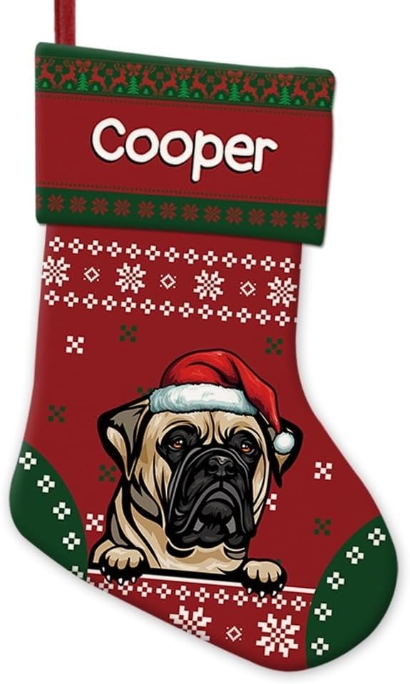 Personalized Christmas Stocking Bull Mastiff Dog Red Christmas Snowflake Xmas Holiday Stocking Fireplace Home Decor 14"
