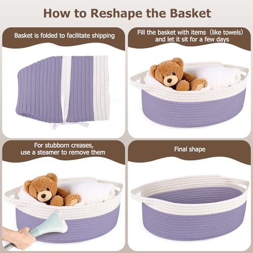 Small Woven Basket, 12" x 8" x 5" Gift Basket Empty with Ribbon and Gift Bag, Rope Basket for Baby Shower, Holiday Presents,Storage Basket with Handle for Nursery,Pet Toy Basket (White-Purple)