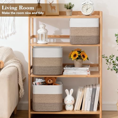 15×13 Inch Storage Cubes, 3 Pack Cube Storage Bins for Organizing, Cotton Rope Woven Baskets for Shelves, Bathroom, Kids Room, Closets, Baby Nursery