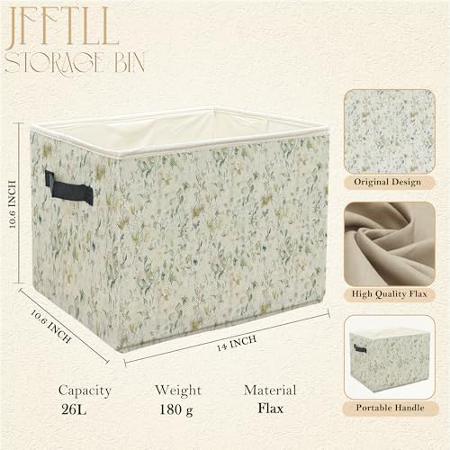 Vintage Green Floral Storage Bins with Handles, Watercolor Nature Flower Botanical Collapsible Laundry Basket Storage Box for Home Bedroom Bathroom Clothes Toys Books