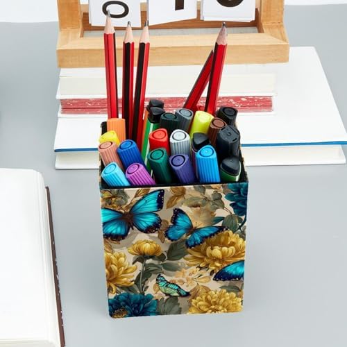 Butterflies and Flowers Pen Holder for Desk Decor, Rectangular PVC Leather Pencil Cup for Desk Pen Organizer, Makeup Brush Holder for School, Home, Office