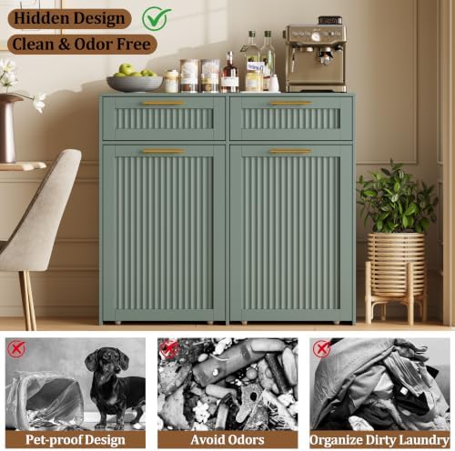 2 X 13 Gallons Pull Out Trash Can Cabinet, Double Trash Cabinet, Green | Fluted Kitchen Trash Cabinet with Drawers, Freestanding Hidden Garbage Pet Proof Trash Can Holder for Laundry, Living Room