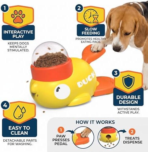 Interactive Dog Treat Dispenser Toy – Duck-Shaped Puzzle Feeder with Portion Control, Clear Dome & Airtight Lid for Small Medium Large Dogs – Slow Feeder Kibble Launcher – Yellow/Orange