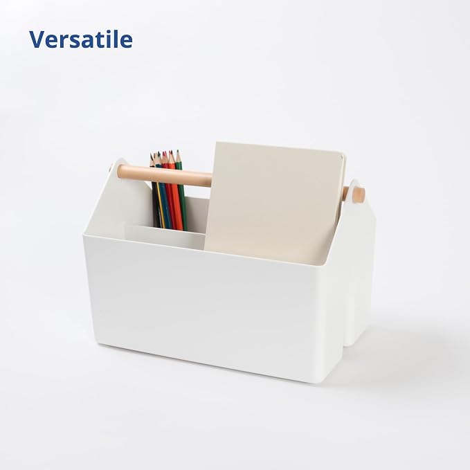 BLUE GINKGO Medium Storage Basket – Plastic Caddy with Wooden Handle for Office, Arts & Crafts, or Home Supplies (White) (Pack of 3)