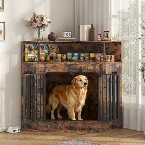 kepptory 46" Corner Dog Crate Furniture, Space Saving Wooden Dog Kennel with TV Stand & Side Table, 200 lbs Weight Capacity, Pet Cage with Secure Lock, Easy Assembly Indoor Crate