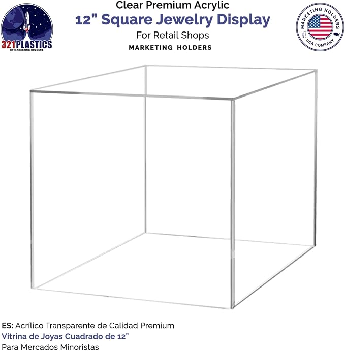 2 Pack 12" Acrylic Display Riser Box with One Open Side No Lid Versatile Clear Square Retail Product Platform and Merchandise Storage Bin No Assembly by Marketing Holders