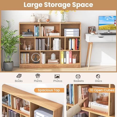 GIANTEX 10 Cube Bookcase, 4-Tier Freestanding Bookshelf w/ 10 Open Compartments, 2 Anti-Tipping Kits, Modern Display Cabinet, 41" Wood Cubby Storage Organizer for Living Room, Bedroom, Natural