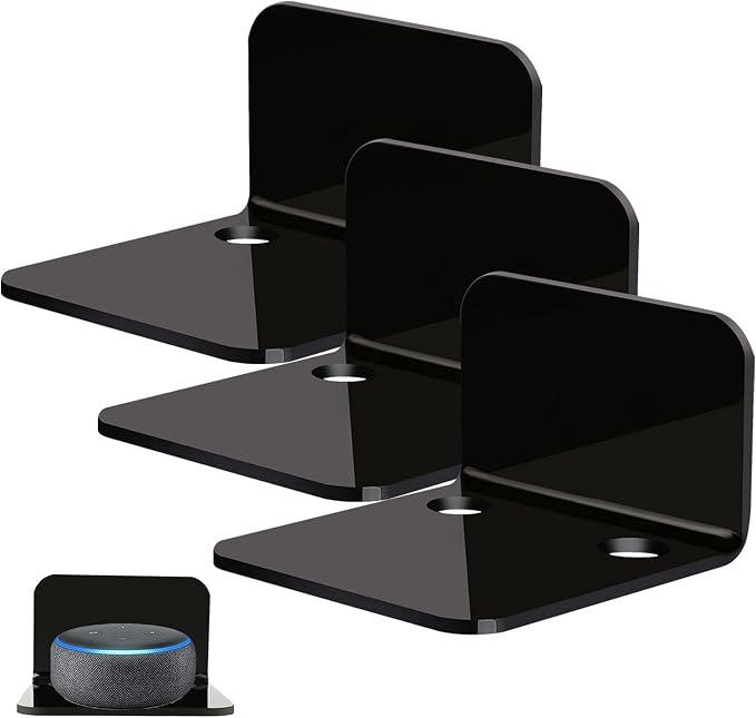 OAPRIRE Small Floating Wall Shelf Set of 3, 4" Black Acrylic for Monitors | Universal, with Cable Clips & Tapes, No Drill, Easy to Install, Durable, Fits Security Cameras, Baby Monitors, Speakers