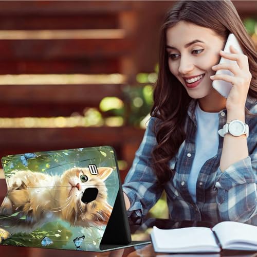 for Samsung Galaxy Tab E 9.6" 2015 SM-T560/T561/T567 Case | Slim Leather Smart Cover with Multi-Angle Anti-Slip Stand [Auto Wake/Sleep] Shell for Women Men - Lawn Cat Butterfly