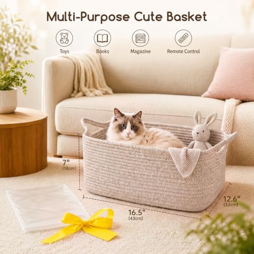 OIASKET Large Empty Cotton Rope Gift Basket with Handles, 16.5"x12.6"x7" Decorative Woven Storage Basket with Gift Bag and Ribbon Set for Baby Shower, Toy Organizer for Kids, Dogs & Cats - Brown
