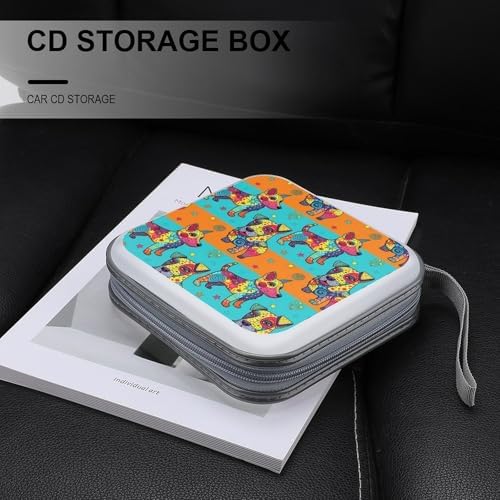 DVD Storage Binder for 40 Discs Colorful Dog, Hard Shell Protective Wallet with Handle, Portable CD Organizer for Car Travel