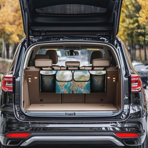 World Map Car Trunk Organizer Car Backseat Storage Bag with 4 Pockets Hanging Trunk Cargo Storage Universal Auto Accessories for Sedans SUV Trucks Van