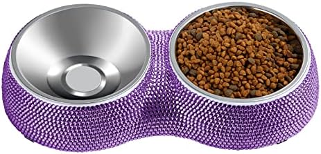 eing Dog Bowls Double Dog Water and Food Bowls Stainless Steel Bowls with Non-Slip Resin Station and Bling Rhinestones, Pet Feeder Bowls for Puppy Medium Dogs Cats Puppy Pets,Purple