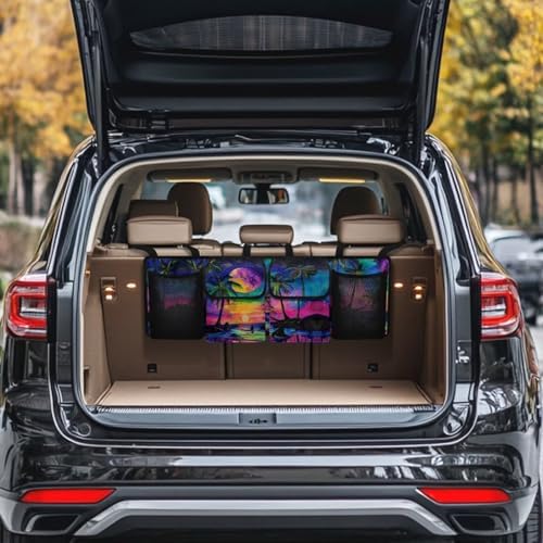 Coconut Tree Car Trunk Organizer Hanging Car Backseat Storage Bag Waterproof Collapsible Cargo Bag with 4 Pouches Trunk Storage and Decorative Accessories