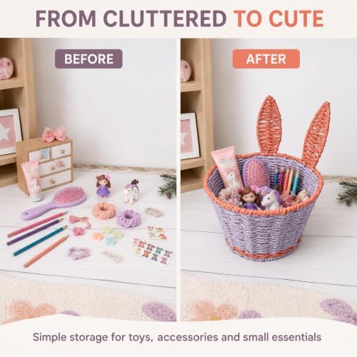 Bunny Boho Decor Storage Basket,Handmade Paper Rope Basket,Kit | 100% Handmade Decor Bin,2 Color Blocking,Create An Organized Life,for Toilet Paper,Living Room,Table,Bedside,Pet Organizing