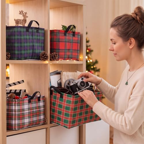 Breling 4 Pcs Christmas Plaid Baskets for Gifts Empty Checkered Christmas Storage Basket with Handles Storage Collapsible Boxes Organizer Decorations for Xmas Birthday Holiday Party Decor