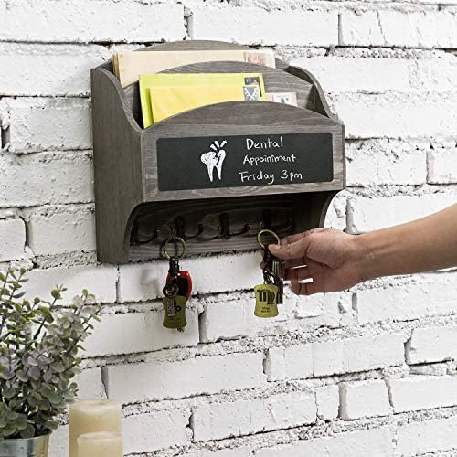 MyGift 2-Compartment Vintage Gray Wood Wall Mounted Entryway Mail Organizer Letter Sorter with Chalkboard Label Surface and 4 Double Key Hooks