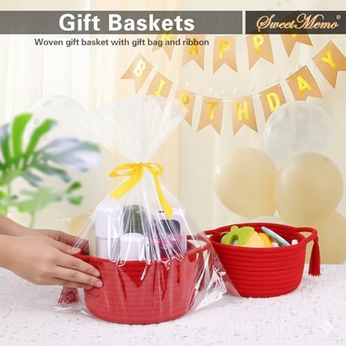 Small Gift Basket Empty to Fill with Cellophane Bag & Ribbon, Red | Cute Decorative Mini Woven Rope Basket with Handles for Gifting; Reusable for Bathroom Counter or Desk Catchall, 8 x 4.7 in