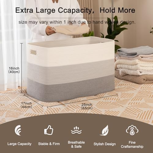 OIAHOMY 118L Extra Large Blanket Basket Cotton Rope Storage Basket Grey | 25" x 17" x 16", Rectangular Baskets Living Room,Used for storing Dirty Clothes, Stuffed Animal Toy Storage for Kids Room