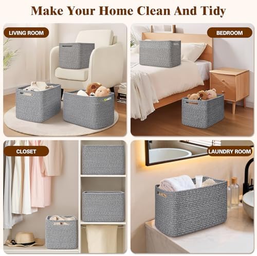 Storage Baskets for Organizing, 4 Pack Baskets for Shelves, Decorative Storage Bins for Shelves, Cotton Rope Storage Basket with Handles, Woven Basket for Storage, 13''Lx8.7''Wx7.9''H, Gray