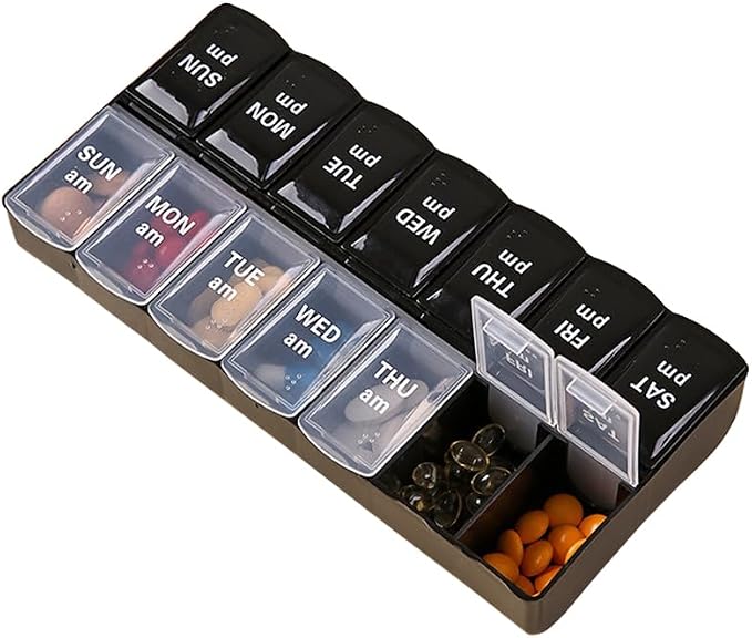 Daily Pill Organizer Box, Travel Large Size Pill Case Dispenser | 14-day Weekly Medicine Supplement Holder, Portable Vitamin Sorter Fish Oil Capsule Tablet DHA Container, Black + Transparent
