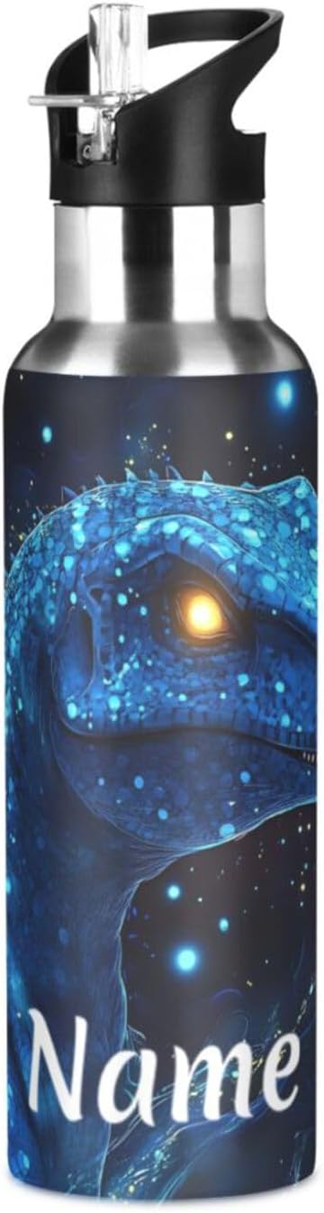 Custom Name Tech Dinosaur Blue Galaxy Water Bottle with Straw Lid Kids Insulated Stainless Steel Water Flask Sports, 20 Oz Hot Cold