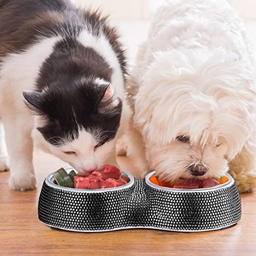 eing Dog Bowls Double Dog Water and Food Bowls Stainless Steel Bowls with Non-Slip Resin Station and Bling Rhinestones, Pet Feeder Bowls for Puppy Medium Dogs Cats Puppy Pets,Black