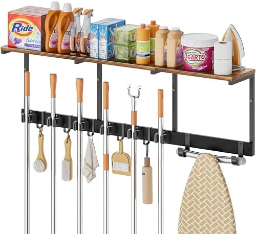 Broom Holder Wall Mount with Cleaning Supplies Organizer, Laundry Room Organization and Storage Shelves with Ironing Board Holder, Mop Hanger Broom Rack with Hooks, Home Improvement Garage Organizer