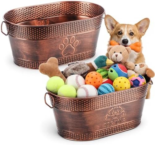 Zonon 2 Pack Metal Dog Toy Baskets, Large Dog Toy Bin with Handles | Copper Dog Toy Box, Durable Galvanized Steel Pet Toy Storage Box for Dog Blankets Leashes Storage Living Room Area (21 Quart)