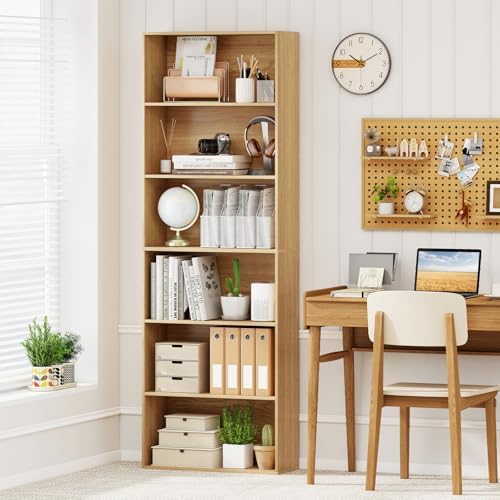 GIANTEX 6-Tier Bookcase, 70" Tall Wooden Bookshelf, Freestanding Storage Organizer w/Open Shelves, Anti-Tipping Kits, Modern Floor Standing Display Shelves for Living Room, Bedroom,Natural