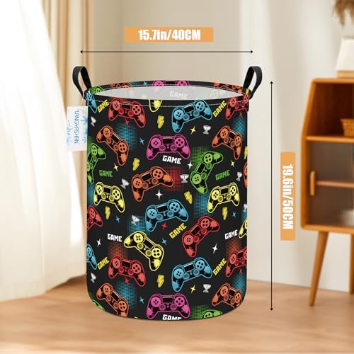 Round Laundry Basket Collapsible Boys Storage Hamper Organizer Game | Waterproof Canvas Foldable Baskets with sturdy Handles Multi-scene Organizer for Home Play Bedroom Gift Bin