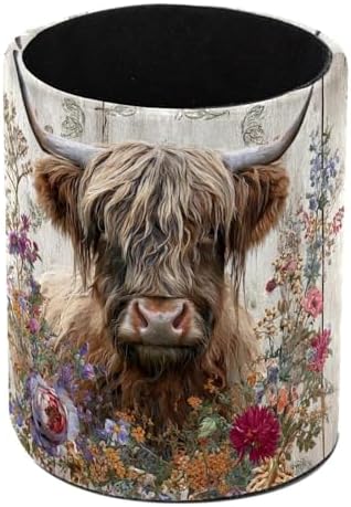Faux Leather Pen Holder for Desk, Pencil Organizer Highland Cow Pen Cup Desk Decor Makeup Brush Holder Storage for Office Home