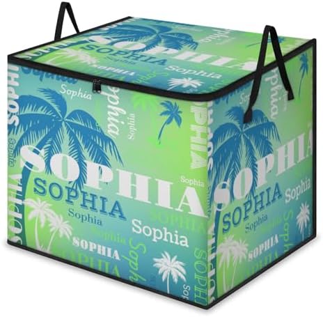 Personalized Name Large Storage Basket with Lid, Canvas Storage Bins Quilt Clothes Organizer for Bedroom, Kitchen, Bathroom, Nursery, Shelves, Closets, Blue White Trees Gradient Lime Yellow Blue
