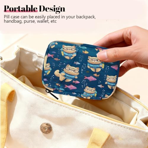 Weekly Pill Organizer Travel Size Bag with Removable 7 Day Pill Box Portable Vitamin Case Purse with Zipper,Scuba Cat Underwater with Fish