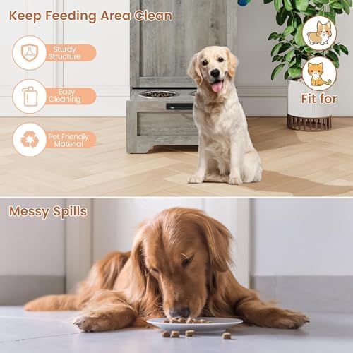Elevated Dog Feeding Station – 2 Bowls, Storage Cabinet, Gray