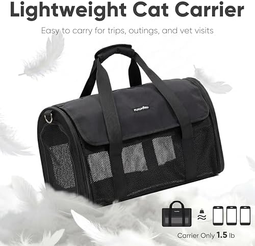 FUKUMARU Cat Carrier Soft, Ultra Lightweight Airline Approved Dog Carrier | Kitten Carrier with Anti-Scratch Mesh, Breathable Small Dog Carrier Bag, Collapsible Pet Carrier for Cats Under 15 lb, Black