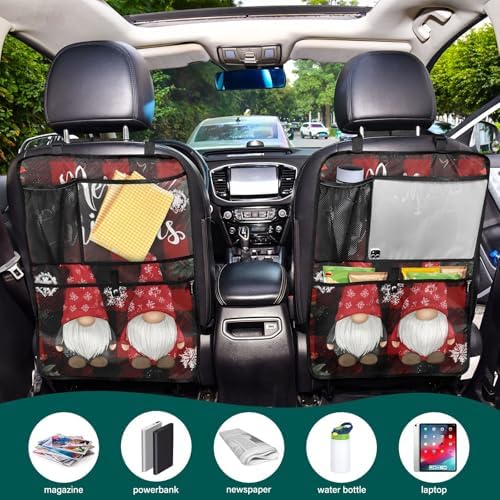 1 Pack Back Seat Car Organizer with Storage Pockets Kick Mats Back Seat Protector Hanging Car Organizer Automotive Seat Back Cover Organizers Red and Black Checkered Christmas Gnomes