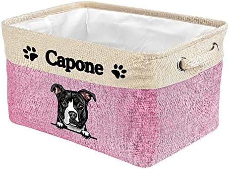 Personalized Storage Basket with Lovely Dog Pit Bull Collapsible Sturdy Fabric Pet Toys Fabric Dog Toy Storage Bin Cube with Handles for Organizing, Pink and White