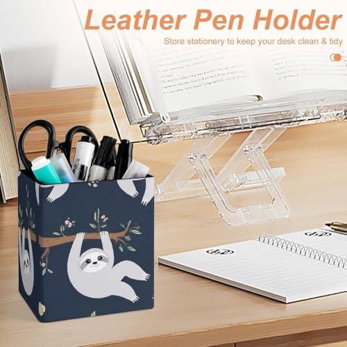 Fashion Leather Pen Holder Desktop Stationery Organizer Makeup Brush Cup Cute Sloth