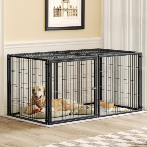 63.7" Large Dog Crate with Top, Heavy Duty Metal Indoor Dog Cage Furniture for Medium Dogs, Extra Large Pet Kennel Playpen with Flexible Door Placement, Black