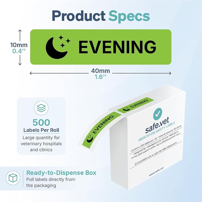 “Evening” Veterinary Pharmacy Labels | Roll of 500 | Clinical-Grade Color-Coded Instruction Stickers for Veterinary Medication Bottles & Prescription Packaging