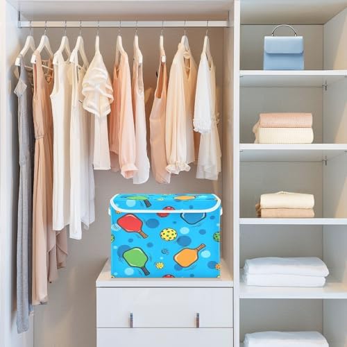 Pickleballs and Rackets Storage Bins with Lids Foldable Storage Basket with Handles Collapsible Large Fabric Organizer Containers for Clothes Shelves Closet Office Home