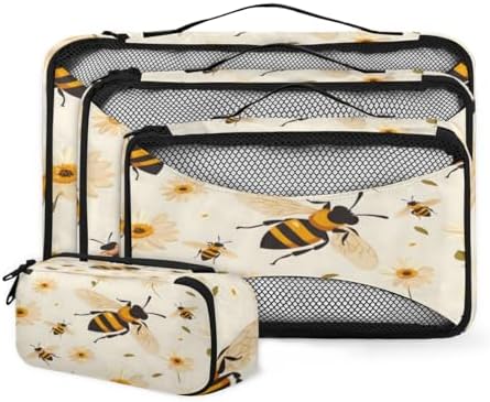 Bee 4 Set Packing Cubes Luggage Organizer Bags for Travel Accessories and Essentials, Yellow Honey Floral